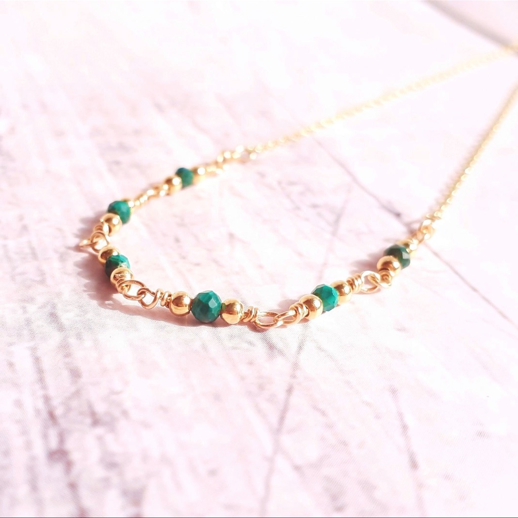 Malachite Necklace 14k Gold Filled Beaded Dainty Chain Choker 39$